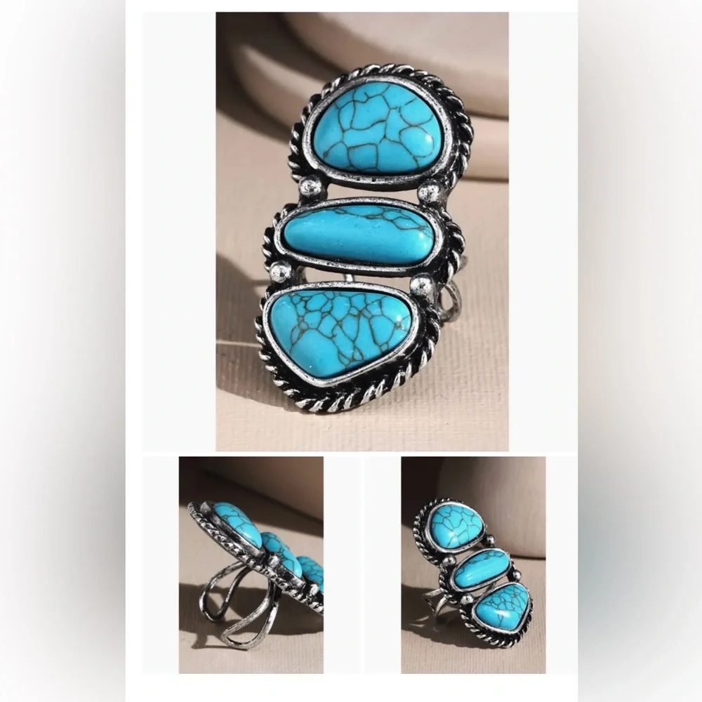 Navajo Turquoise Semi-Stone Silvertone Ring NWT OSFA - Picture 5 of 6